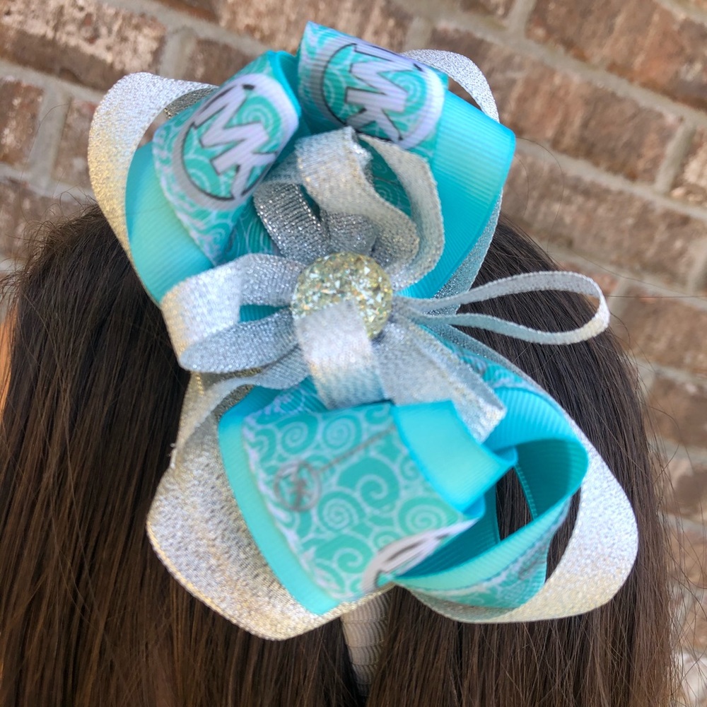 Blue and gold headband and bow bundle
